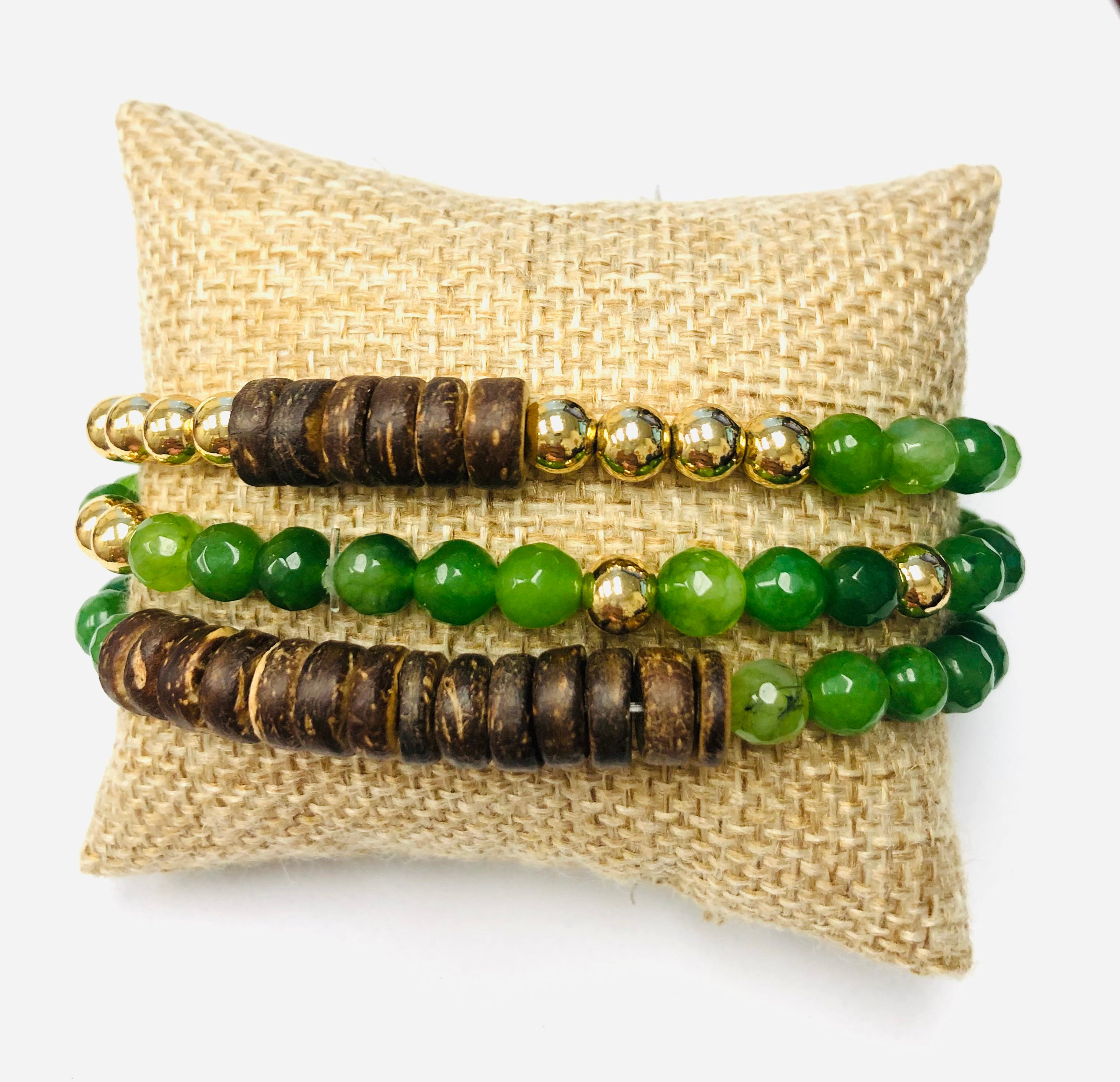 3pc Green Jade and Coco Beaded Stack Stretch Bracelets