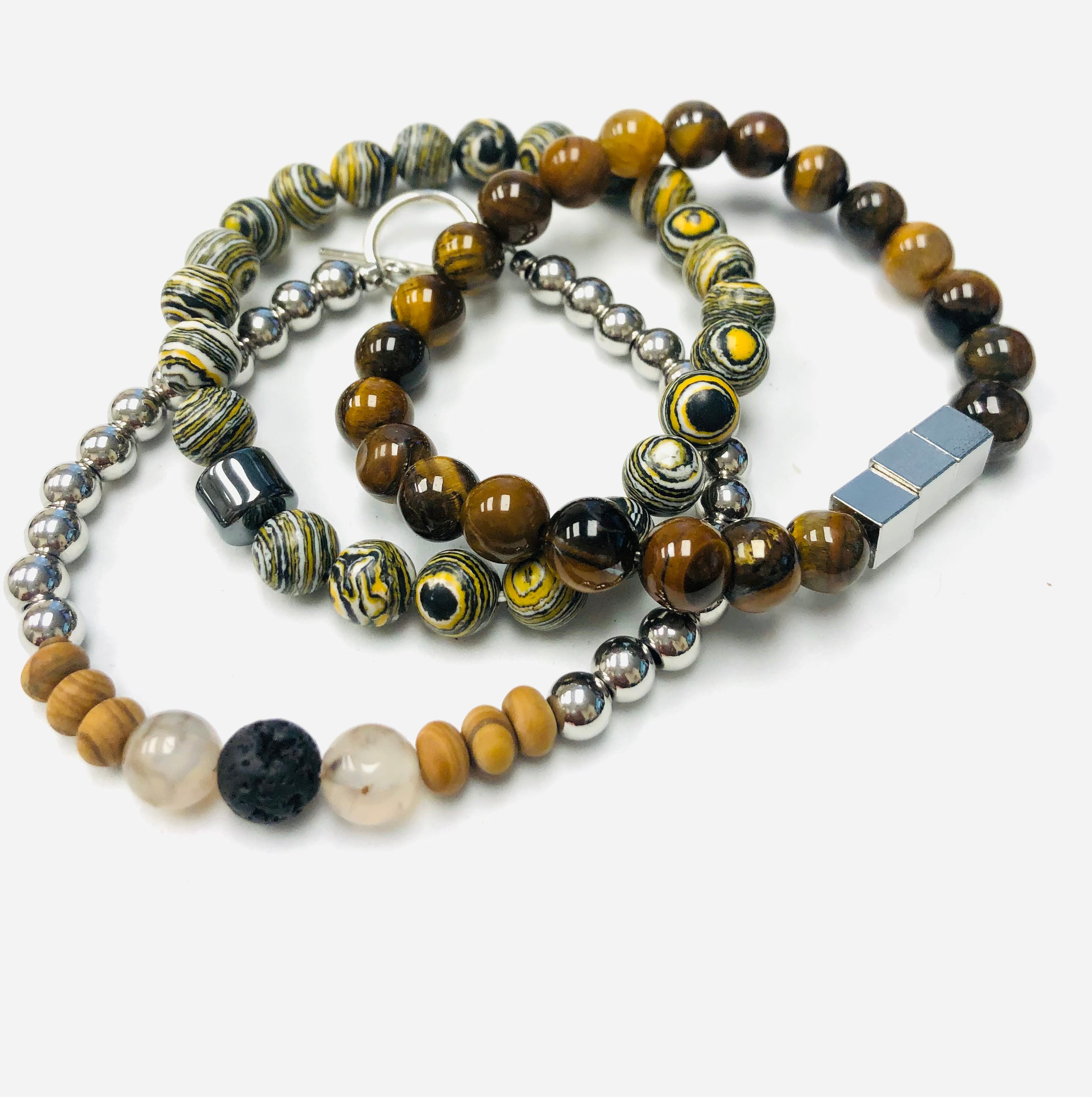 3pc Malachite / Tiger Eye and Coco Beaded Stack Stretch Bracelets
