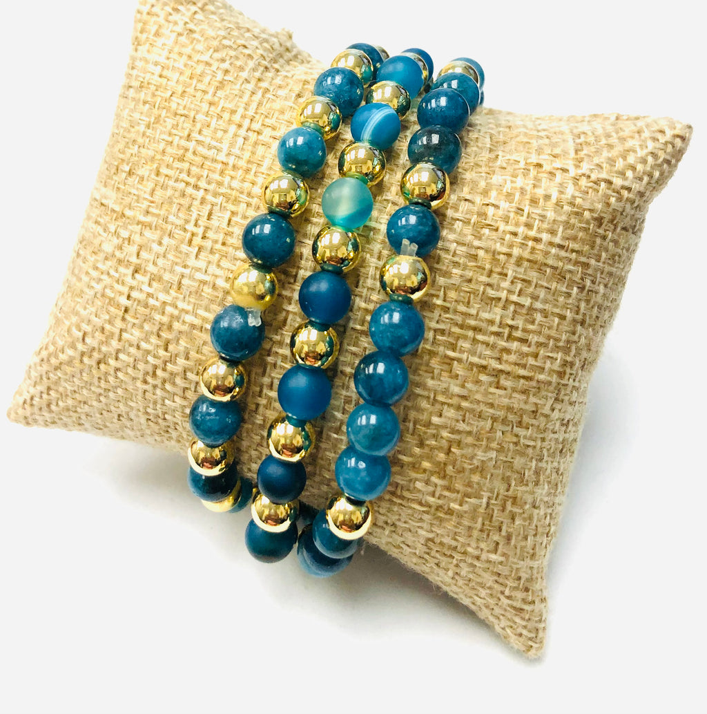 3pc Frosted Striped Agate Beaded Stack Stretch Bracelets