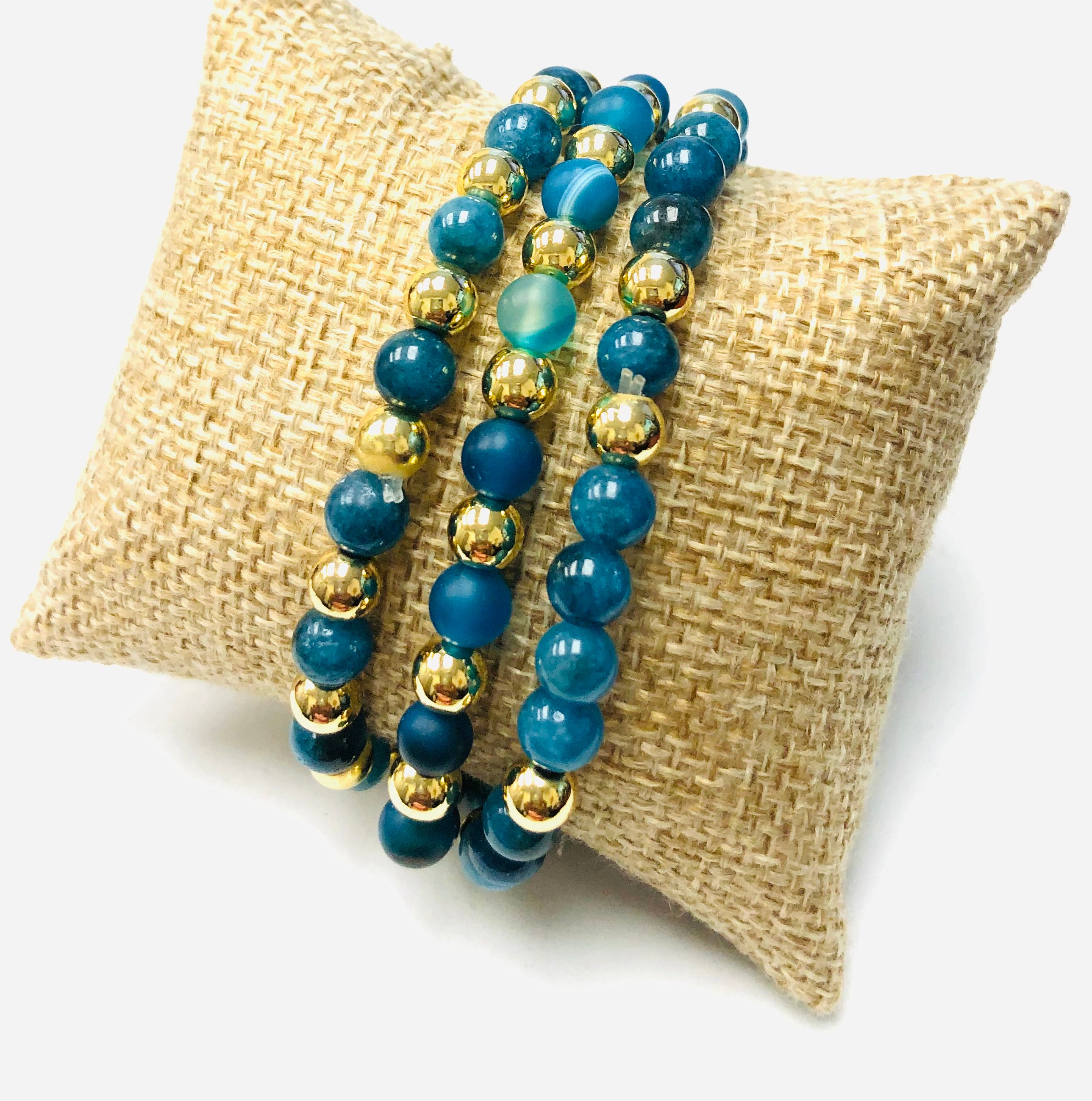 3pc Frosted Striped Agate Beaded Stack Stretch Bracelets