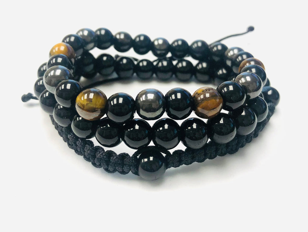 3pc Onyx and Obsidian Stack Stretch Bracelets