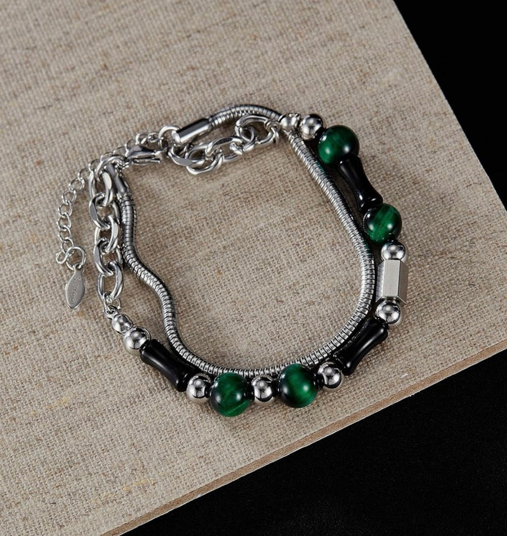 Stainless Steel Green Tiger Eye & Snake Link Chain Bracelet Stack