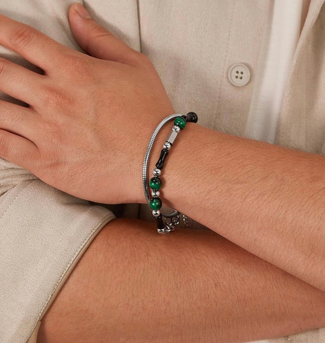 Stainless Steel Green Tiger Eye & Snake Link Chain Bracelet Stack