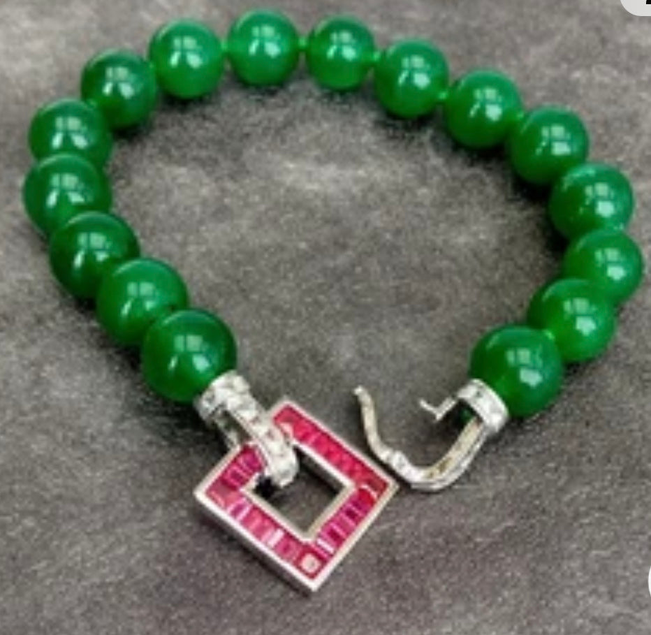 10mm Green Jade Bracelet with Fuchsia Cz Pave Clasp