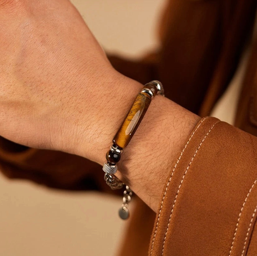 Tiger Eye & Silver Stainless Steel Link Chain Bracelet