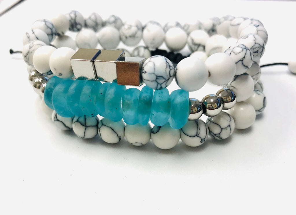 3pc white Howlite Beaded Stack Stretch Bracelets