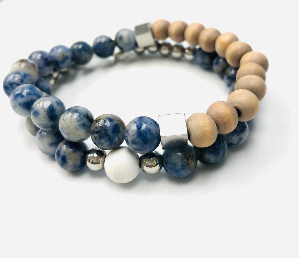 2 pc Sodalite & Wood Beaded Stack Stretch Bracelets