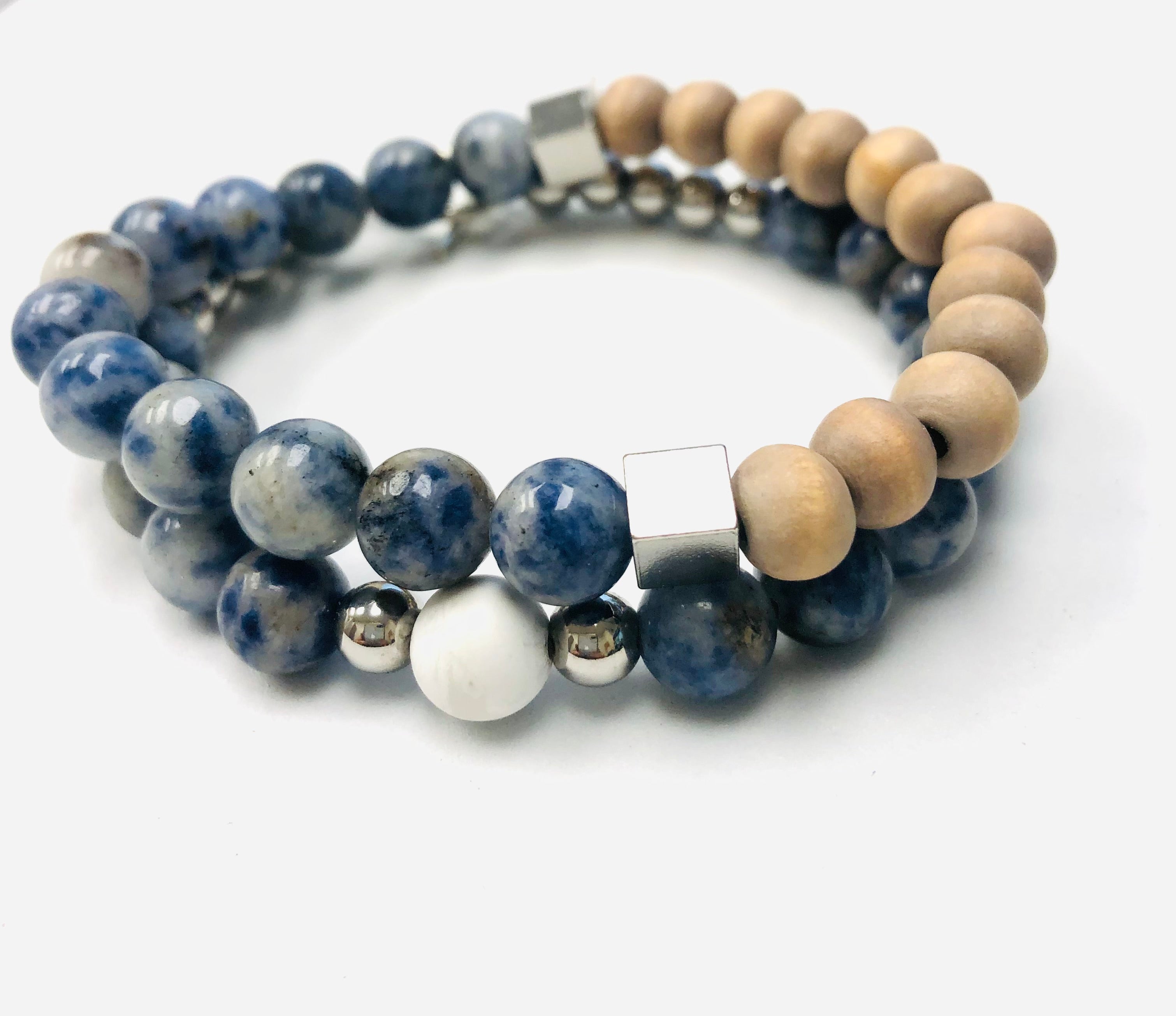 2 pc Sodalite & Wood Beaded Stack Stretch Bracelets