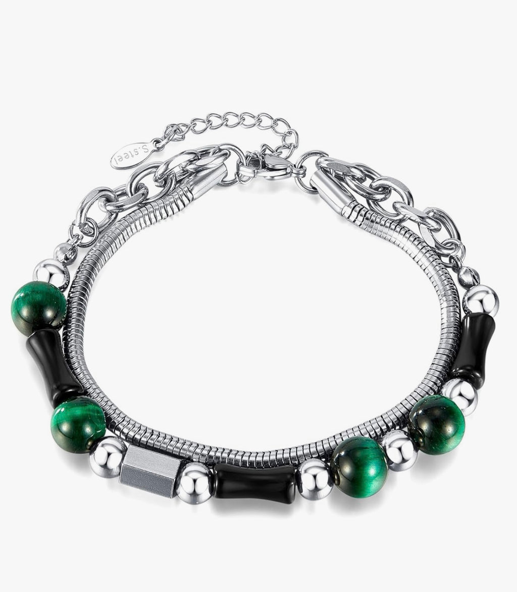 Stainless Steel Green Tiger Eye & Snake Link Chain Bracelet Stack