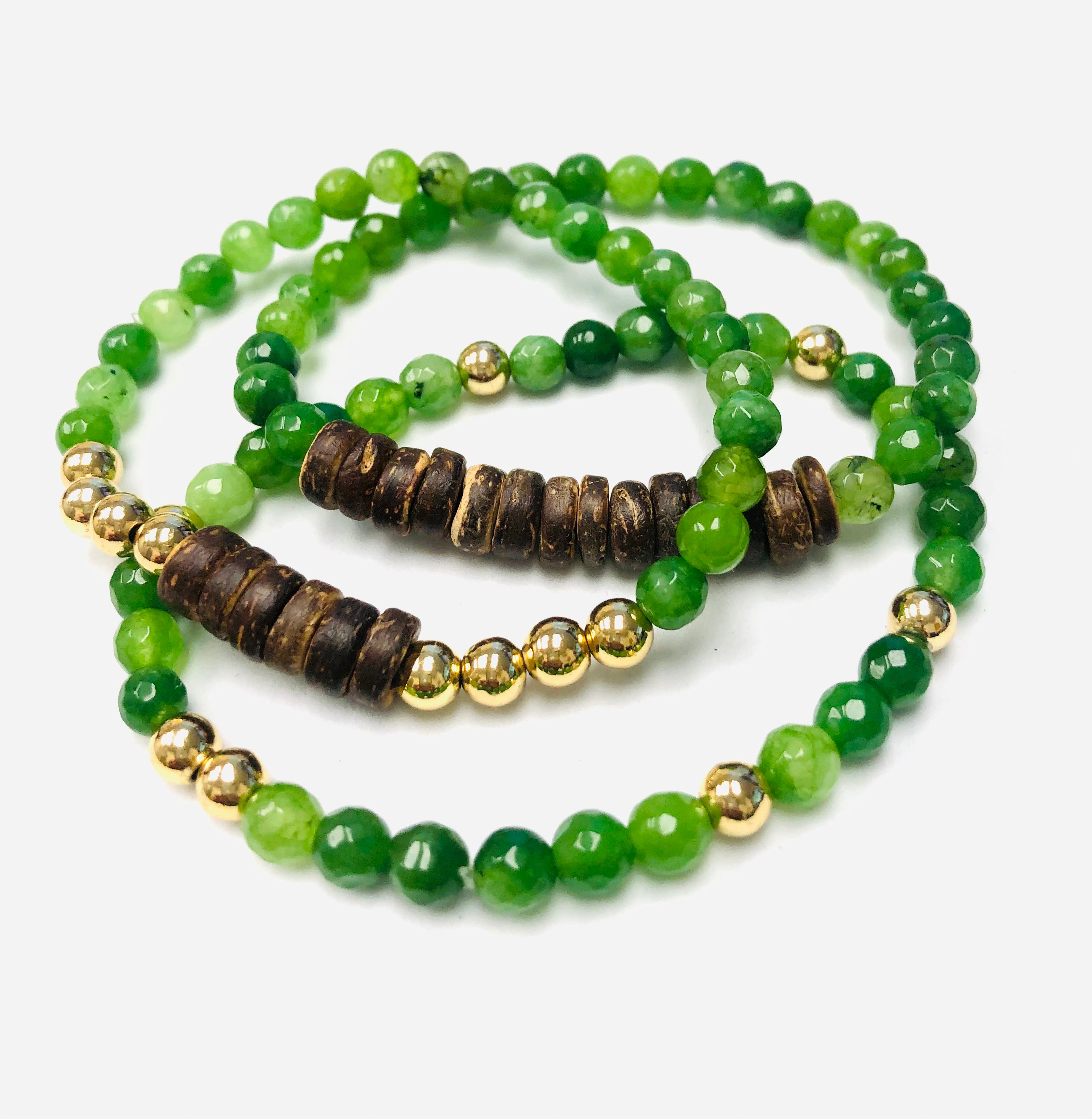 3pc Green Jade and Coco Beaded Stack Stretch Bracelets