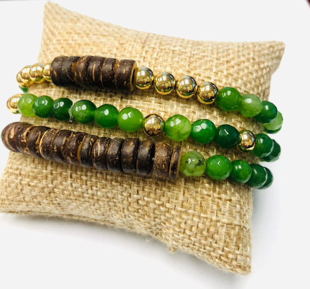 3pc Green Jade and Coco Beaded Stack Stretch Bracelets