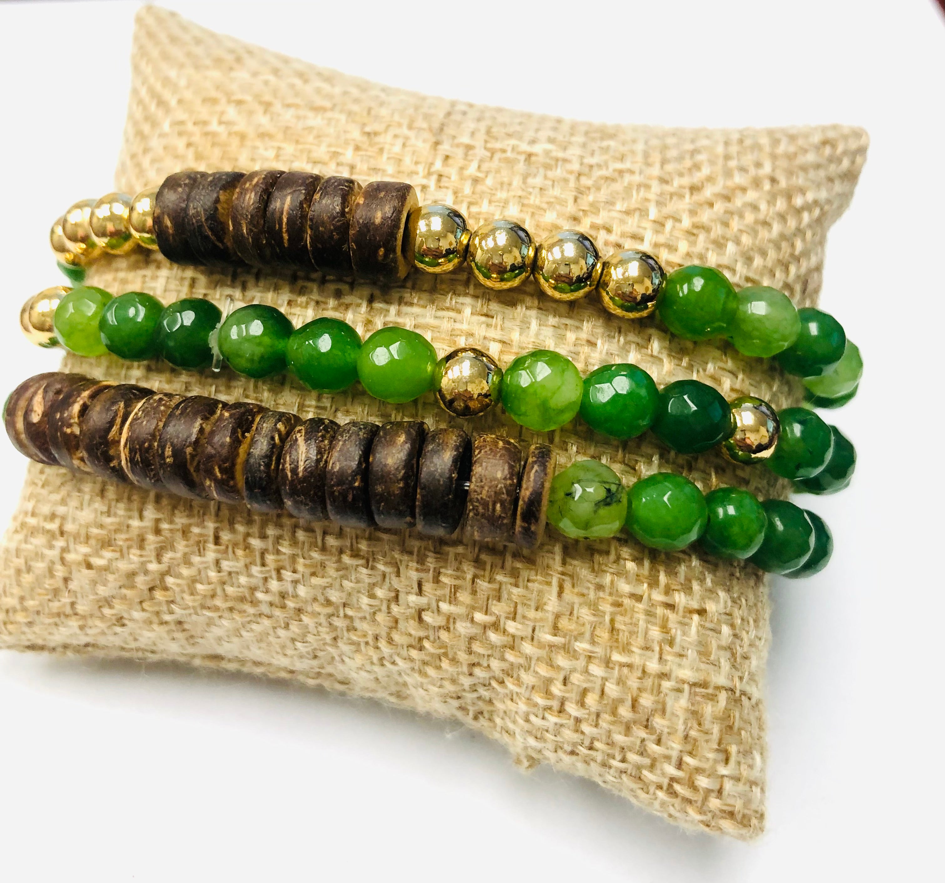 3pc Green Jade and Coco Beaded Stack Stretch Bracelets