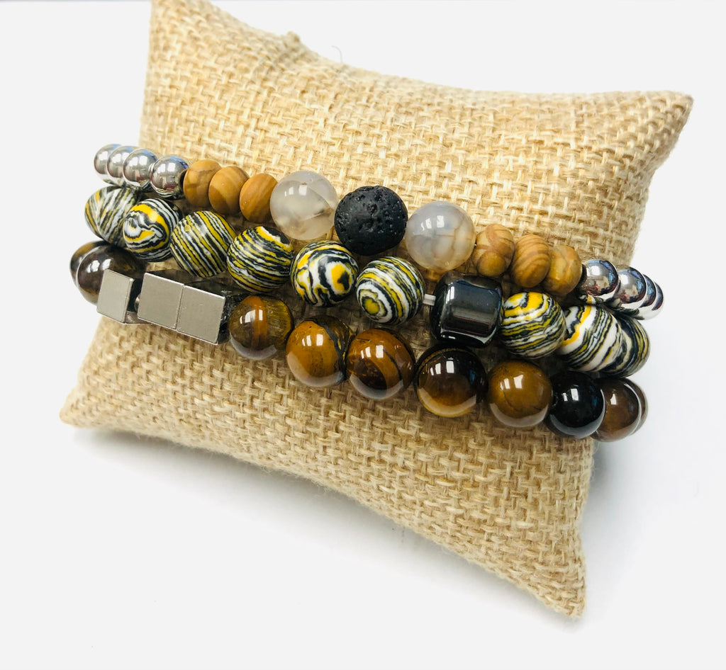 3pc Malachite / Tiger Eye and Coco Beaded Stack Stretch Bracelets