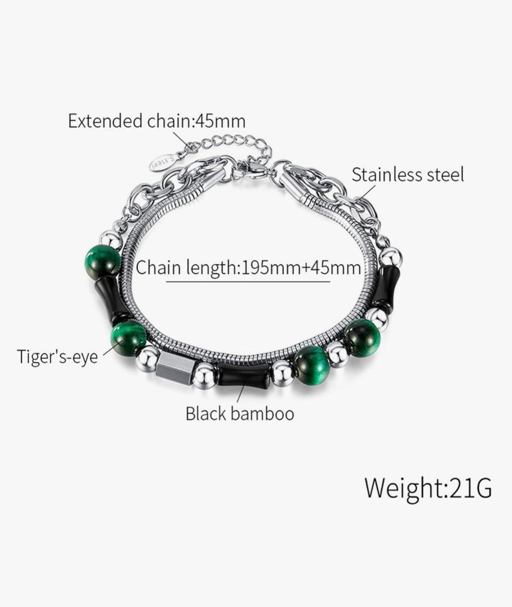 Stainless Steel Green Tiger Eye & Snake Link Chain Bracelet Stack