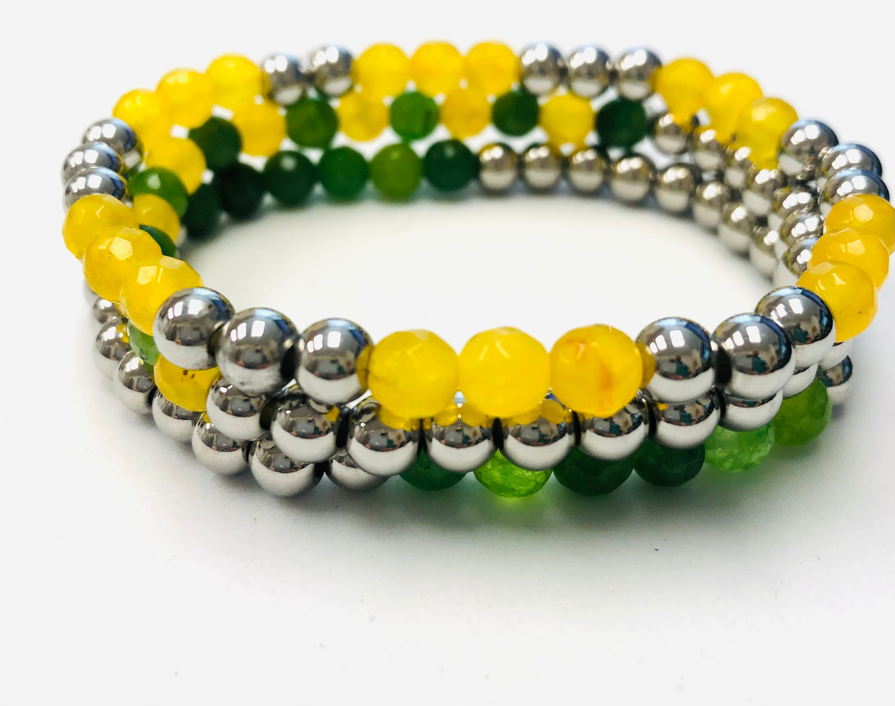 3pc Green & Yellow Jade Beaded Stack Stretch Bracelets