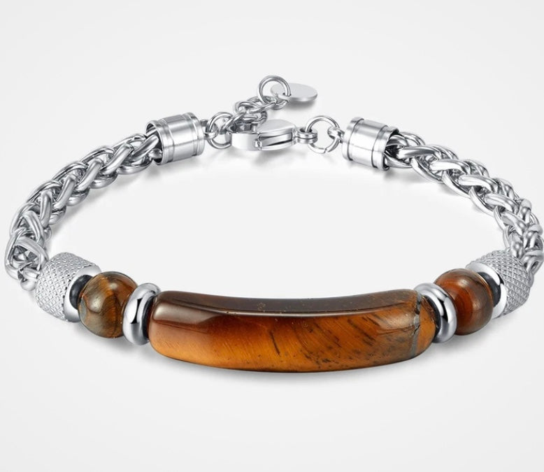 Tiger Eye & Silver Stainless Steel Link Chain Bracelet