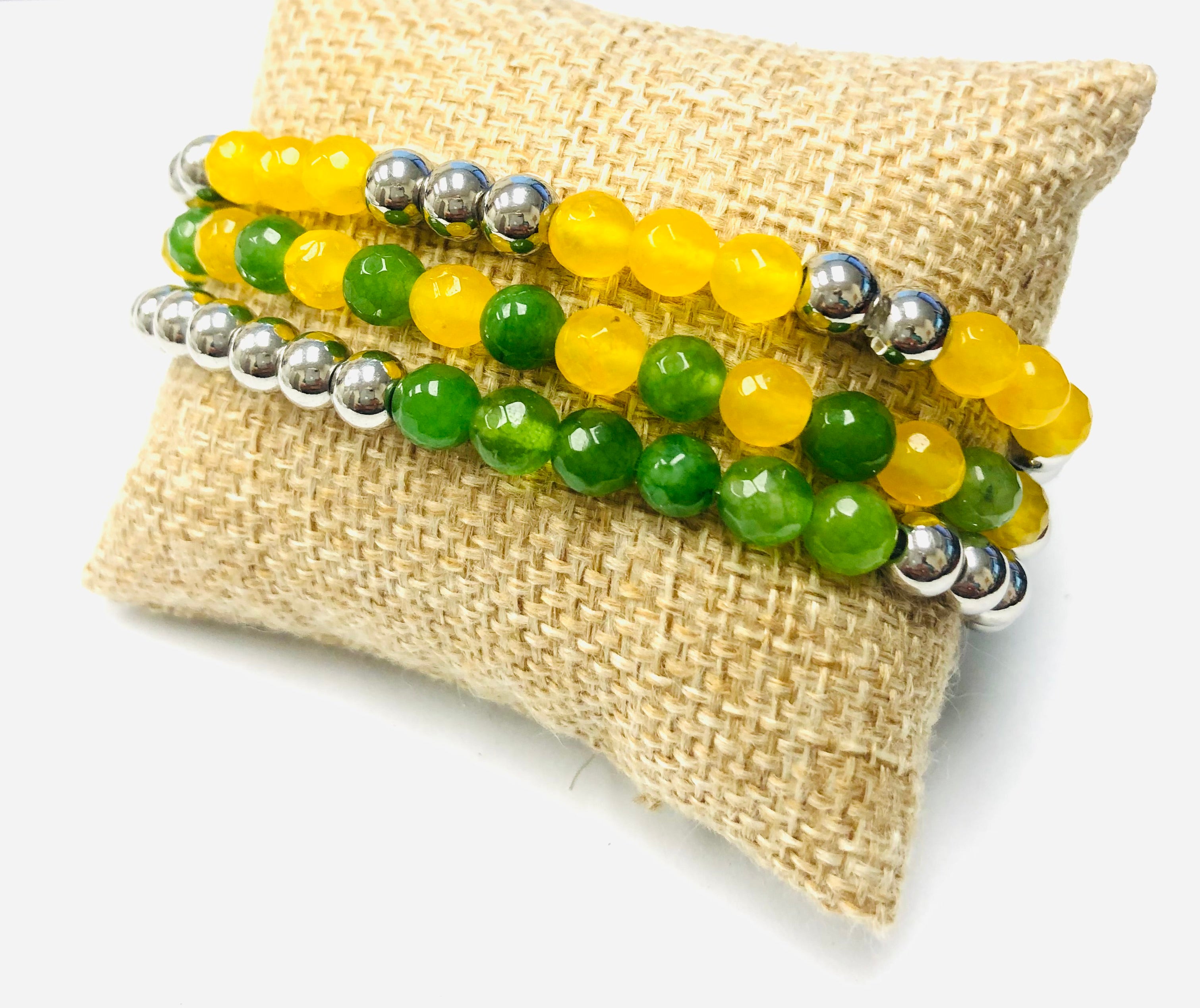 3pc Green & Yellow Jade Beaded Stack Stretch Bracelets
