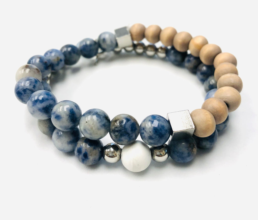 2 pc Sodalite & Wood Beaded Stack Stretch Bracelets