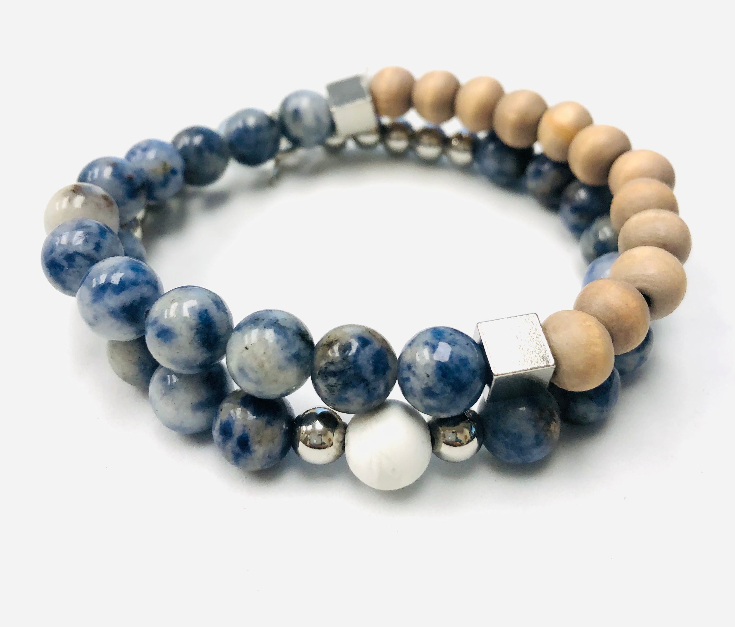 2 pc Sodalite & Wood Beaded Stack Stretch Bracelets