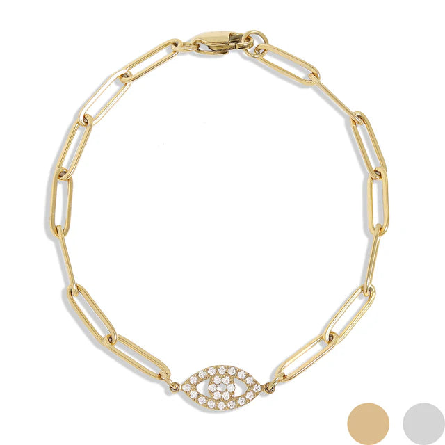 18K Gold  "Evil Eye" Paperclip Chain Bracelet