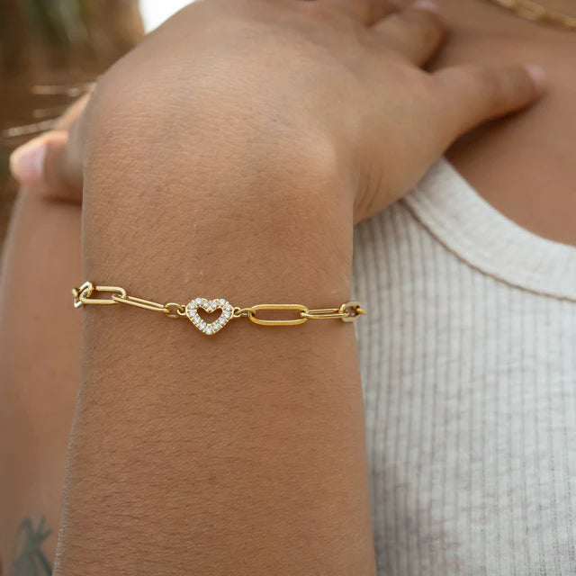 18K Gold "Heart" Paperclip Chain Bracelet
