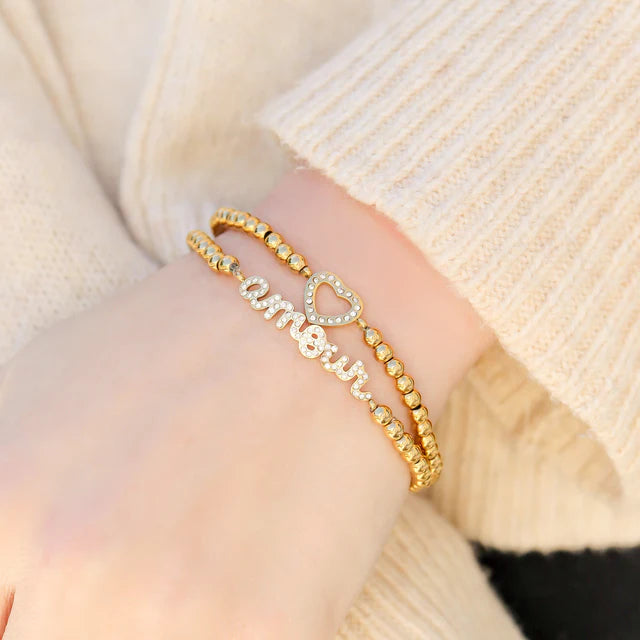 18K Gold Heart Metal Beaded Stretch Bracelet