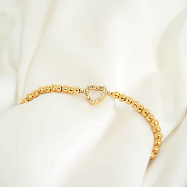 18K Gold Heart Metal Beaded Stretch Bracelet