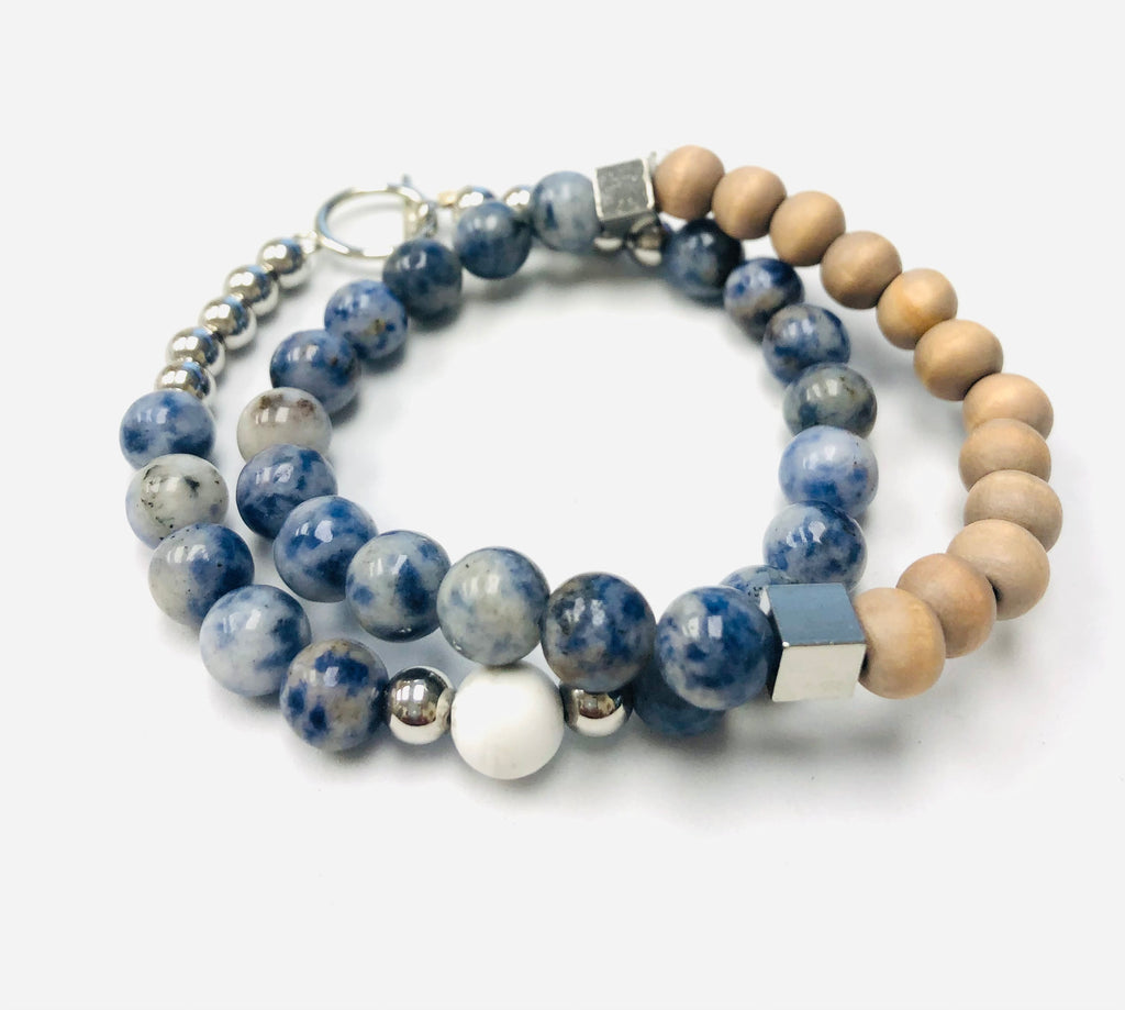 2 pc Sodalite & Wood Beaded Stack Stretch Bracelets