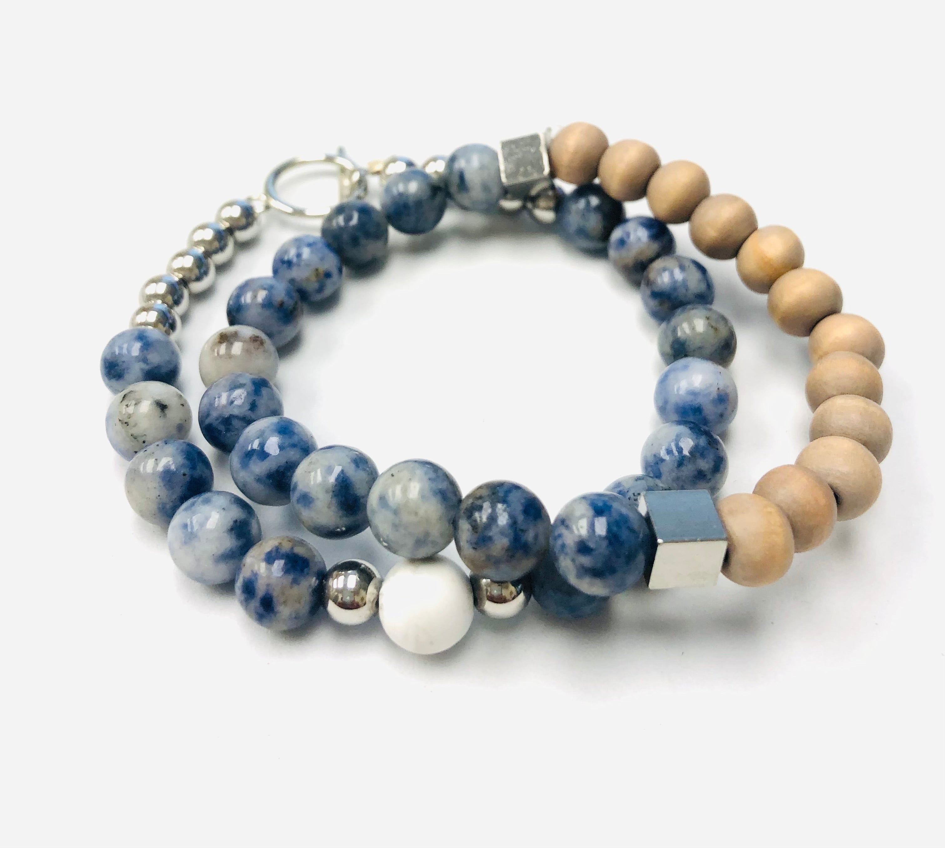 2 pc Sodalite & Wood Beaded Stack Stretch Bracelets