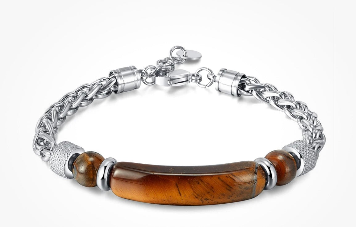 Tiger Eye & Silver Stainless Steel Link Chain Bracelet