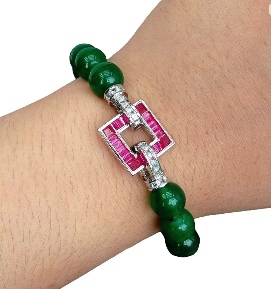 10mm Green Jade Bracelet with Fuchsia Cz Pave Clasp
