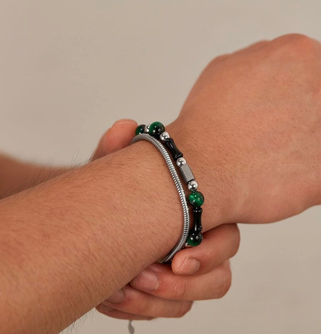 Stainless Steel Green Tiger Eye & Snake Link Chain Bracelet Stack