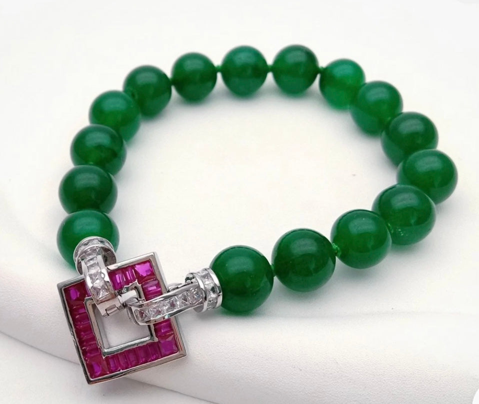 10mm Green Jade Bracelet with Fuchsia Cz Pave Clasp