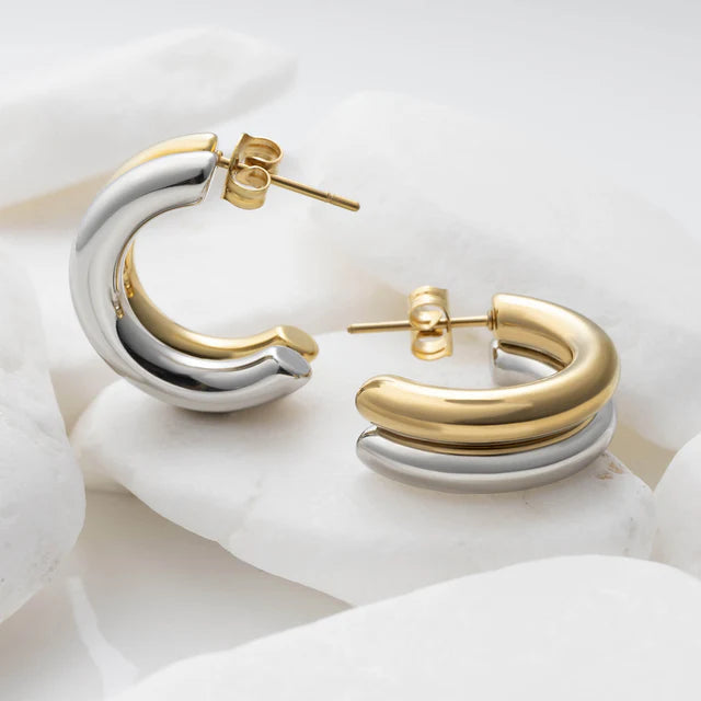 Mixed Metal Side By Side Huggie Earrings