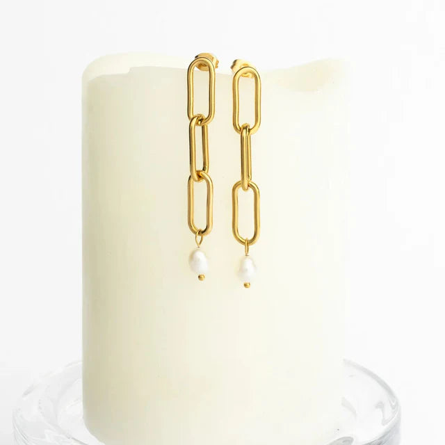 Long Paperclip Pearl Dangle Earring