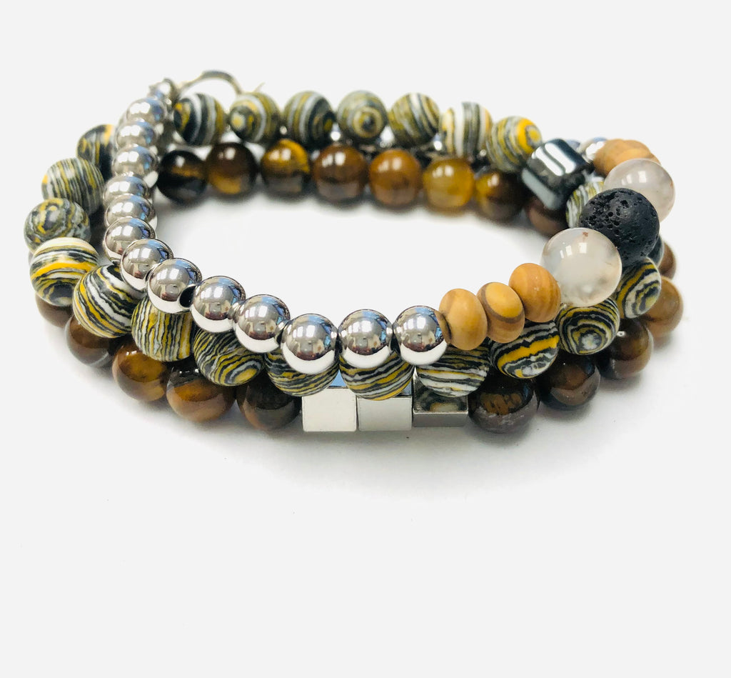 3pc Malachite / Tiger Eye and Coco Beaded Stack Stretch Bracelets