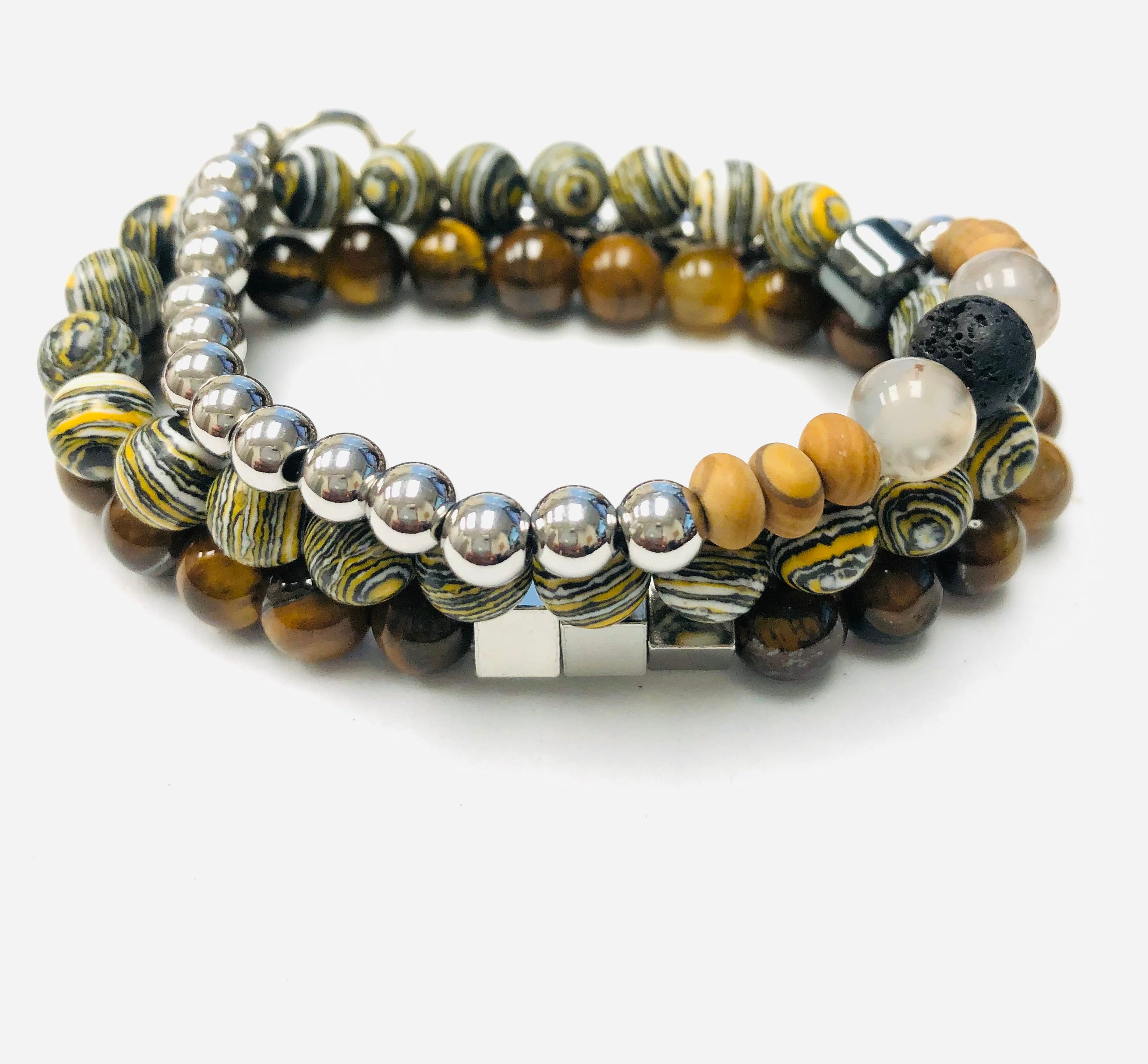 3pc Malachite / Tiger Eye and Coco Beaded Stack Stretch Bracelets