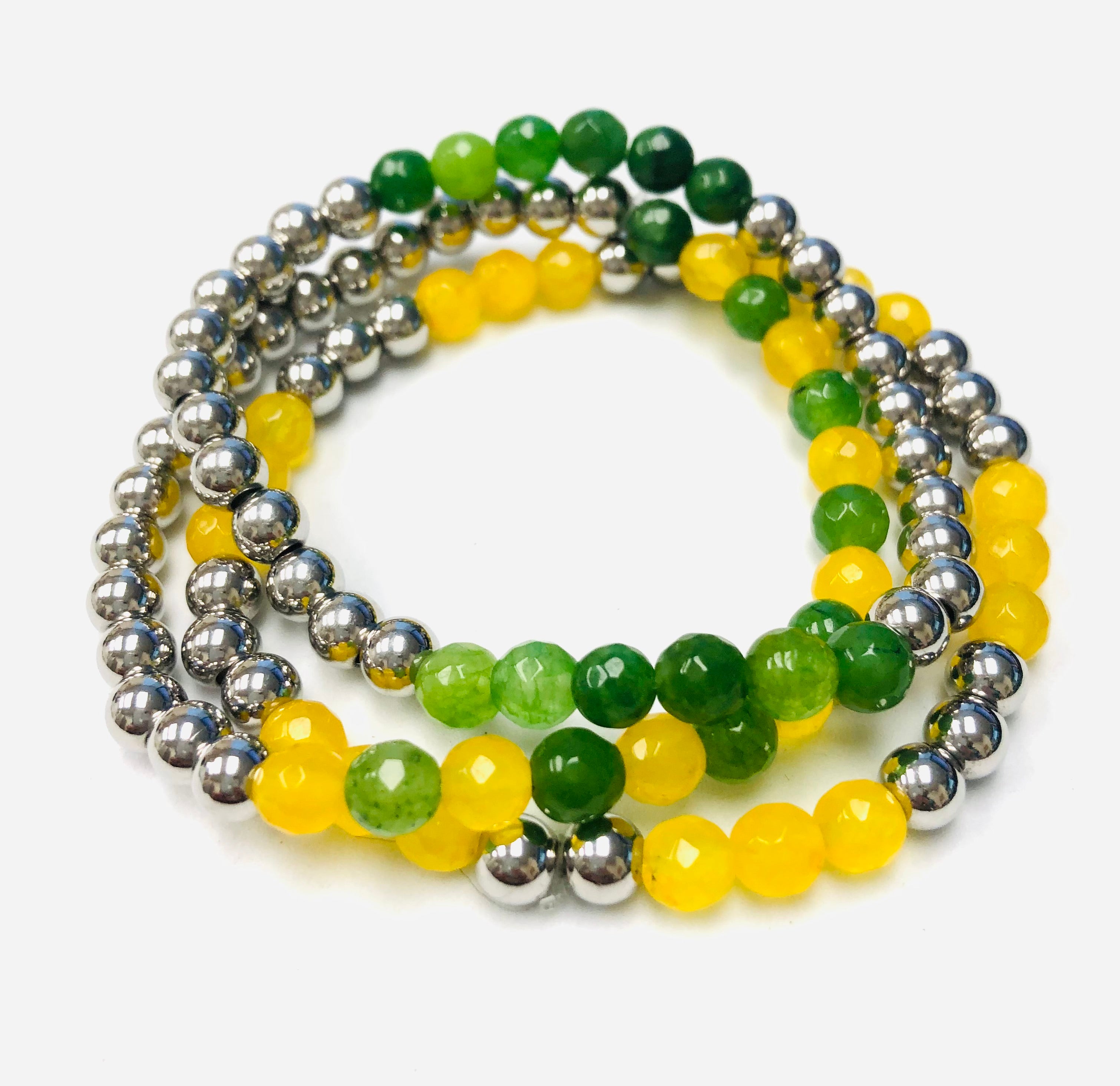 3pc Green & Yellow Jade Beaded Stack Stretch Bracelets