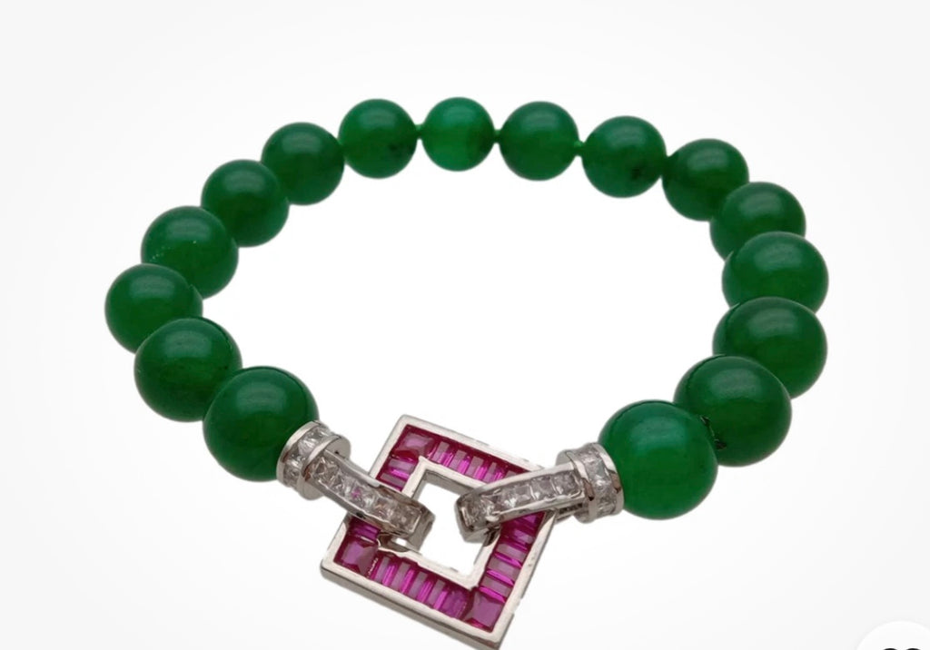 10mm Green Jade Bracelet with Fuchsia Cz Pave Clasp
