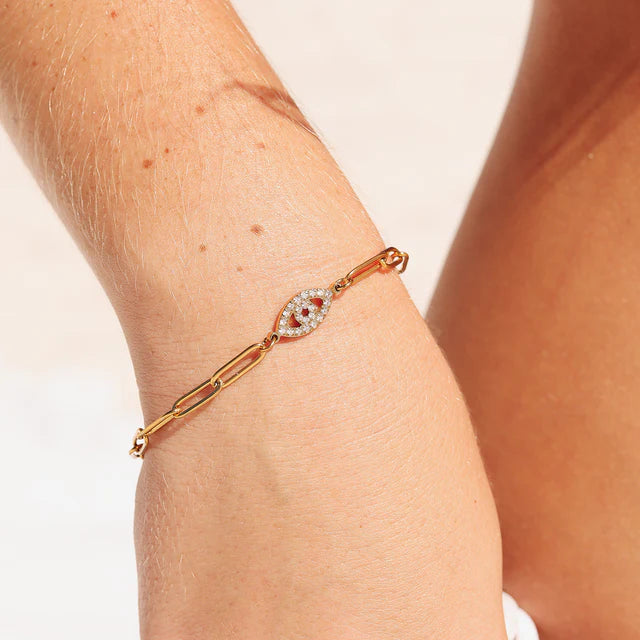 18K Gold  "Evil Eye" Paperclip Chain Bracelet