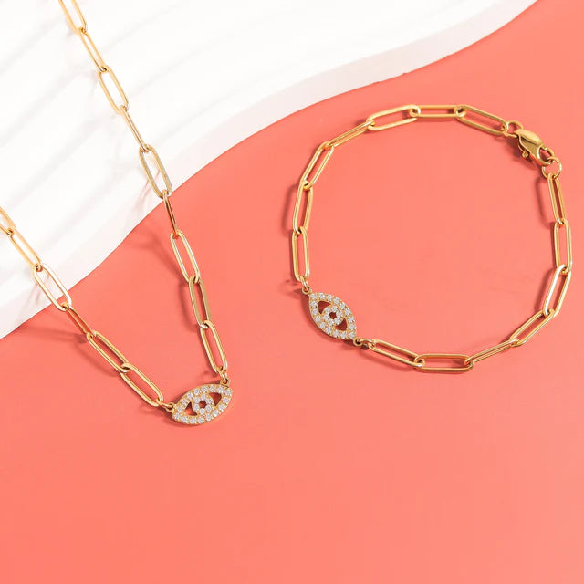18K Gold  "Evil Eye" Paperclip Chain Bracelet
